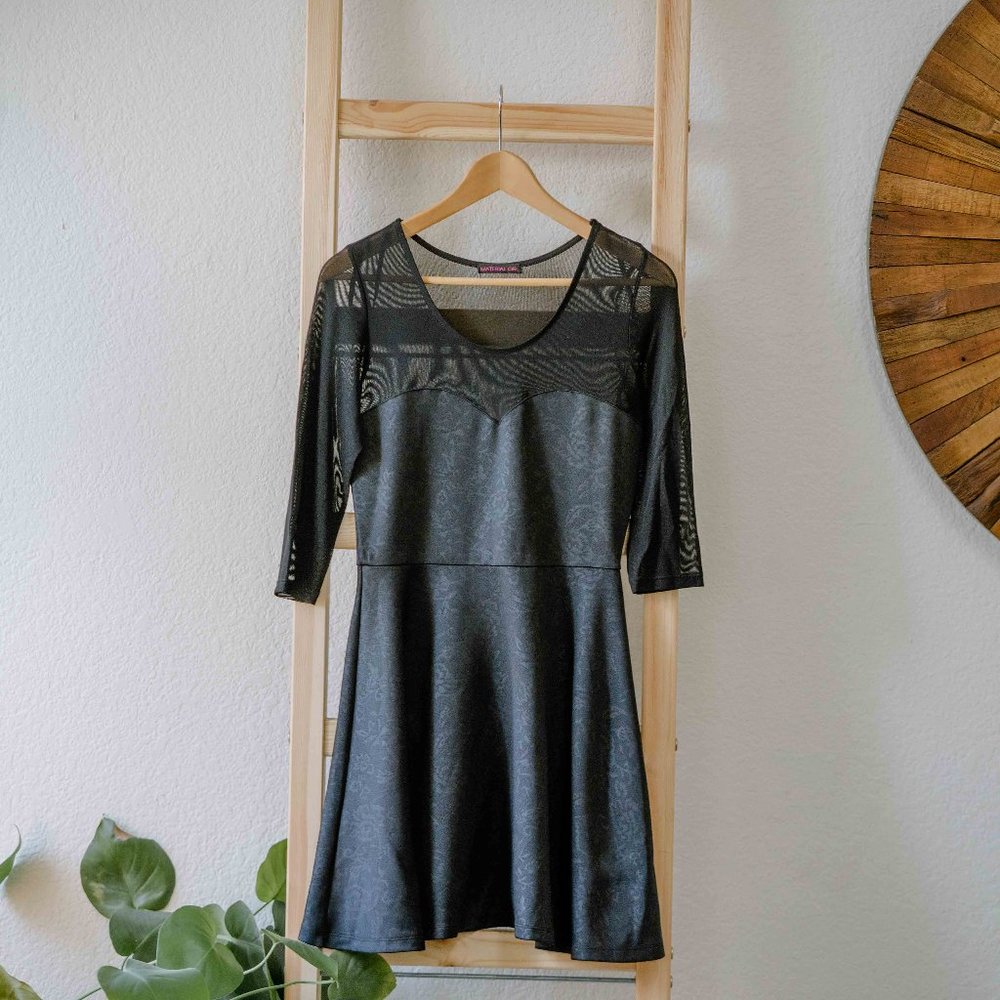 Material Girl Black Midi Dress Sheer Mesh Sleeves